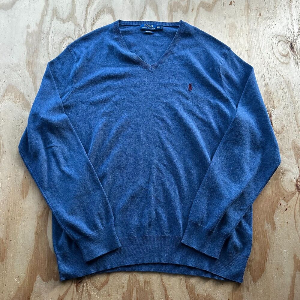 Polo Ralph Lauren Blue Pima Cotton V-Neck Sweater - XXL